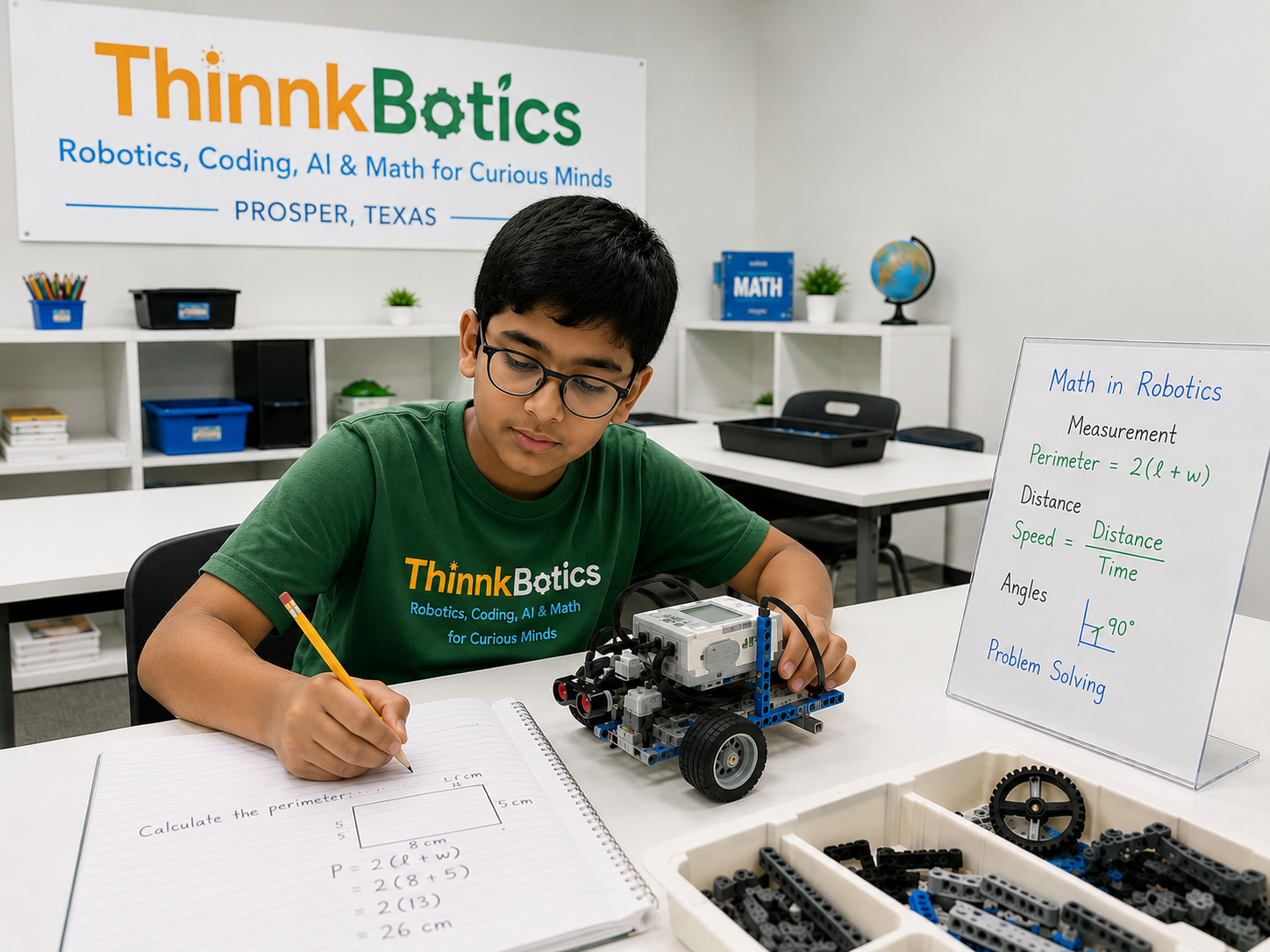 Student applying math skills at the robotics table