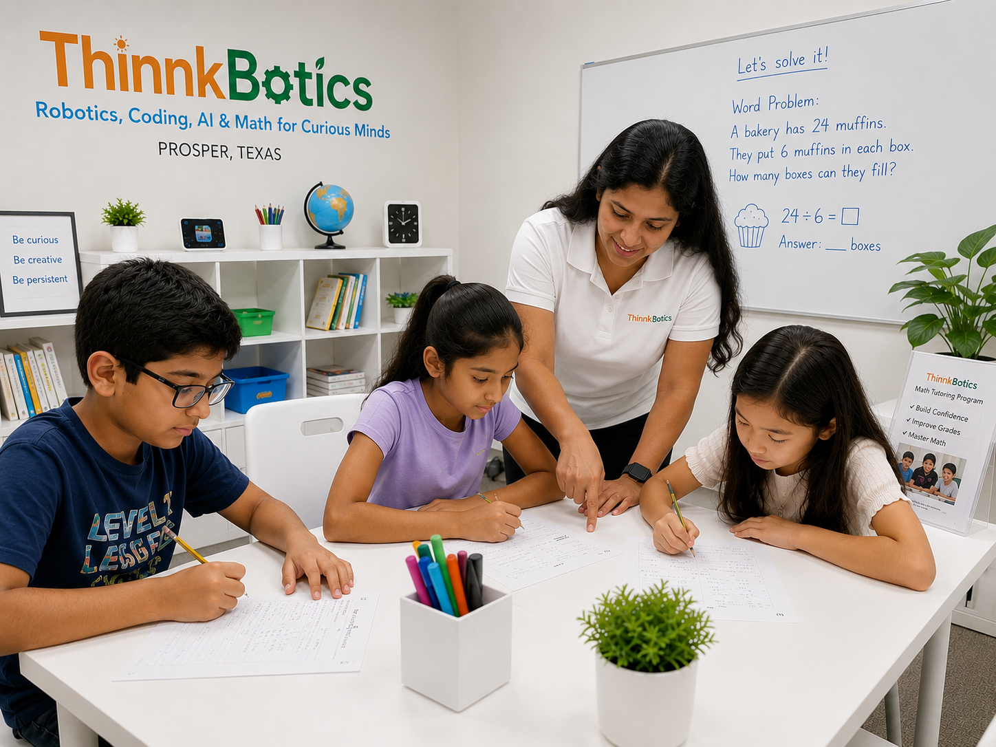 ThinnkBotics instructor helping students with a math word problem