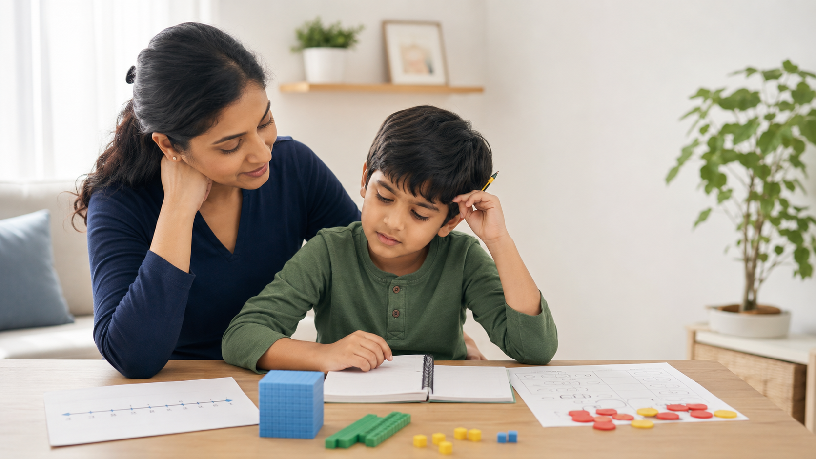 Parent helping a young child with early math practice at home
